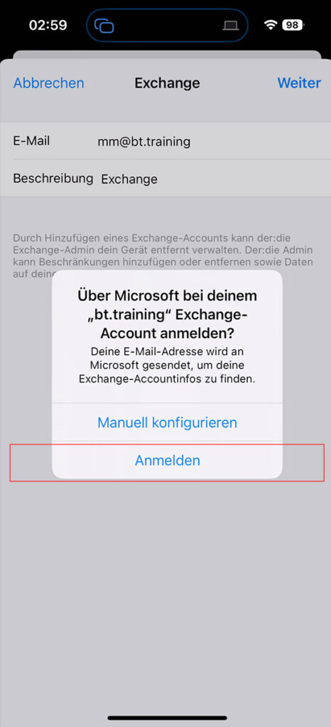 Im neuen Fenster "Über Microsoft bei deinem **** Exchange Account anmelden?" auf "Anmelden" klicken